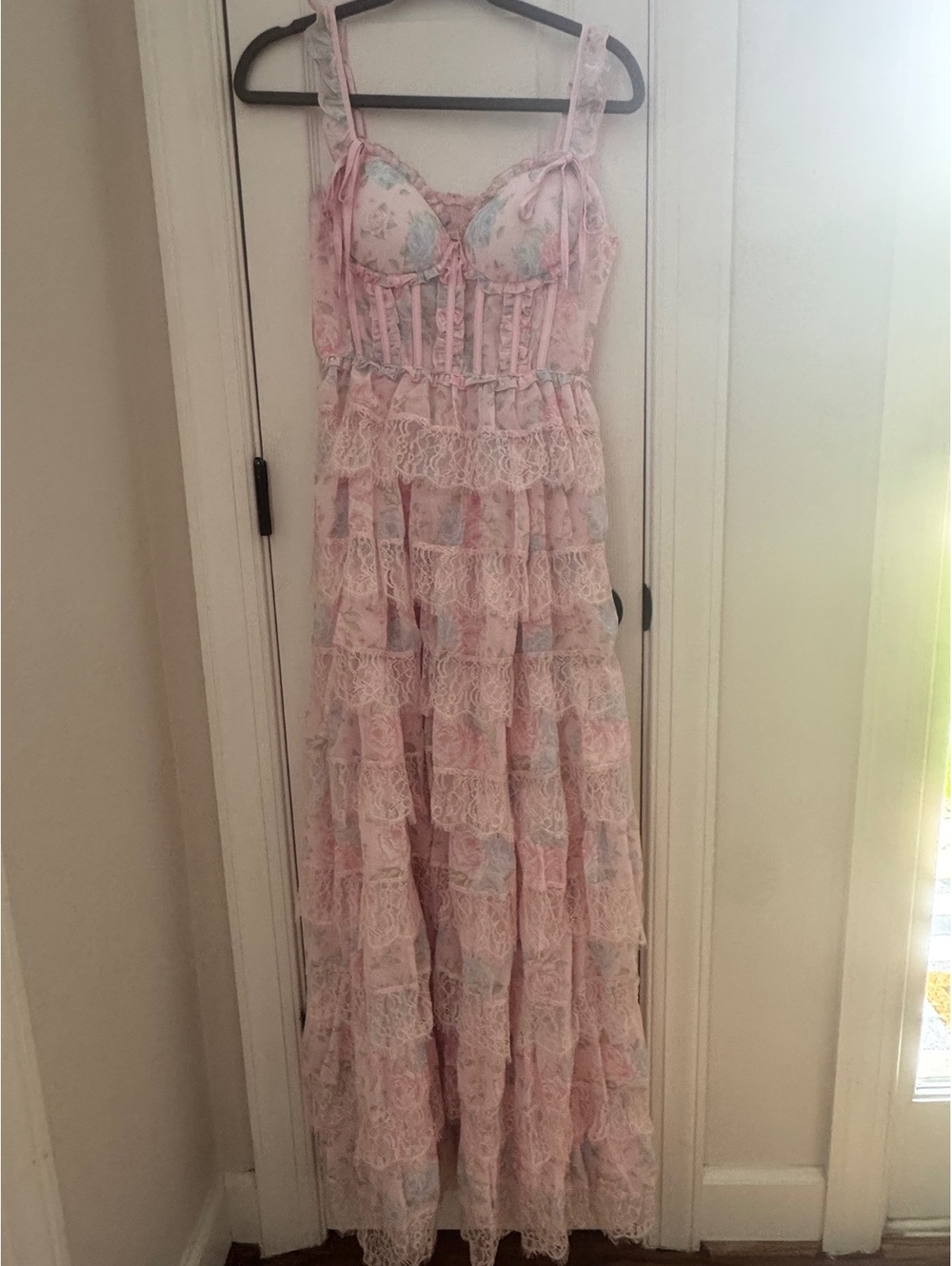 Altar'd State Pink Floral Lace Tiered Maxi Dress